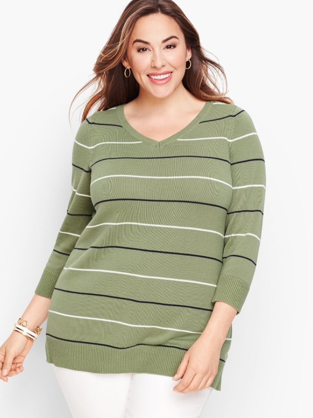 Talbots Double V Tie Back Sage Green White/Black Stripe Pima 3/4 Sleeve Sweater